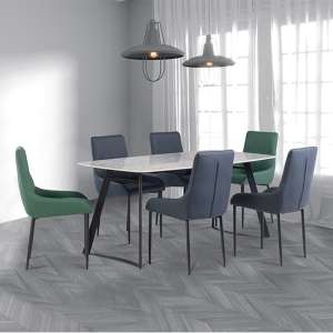 Ivan Carlos Grey Stone Dining Table With 6 Rissa Blue Chairs - UK