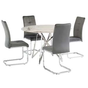 Jadzia 120cm White Marble Dining Table 4 Flotin Grey Chairs - UK