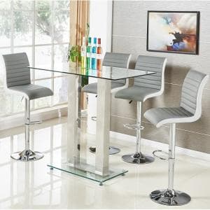 Jet Clear Glass Top Bar Table With 4 Ritz Grey White Stools - UK