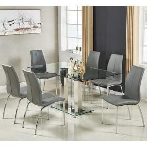 Jet Large Glass Dining Table In Clear And 6 Opal Grey Chairs - UK