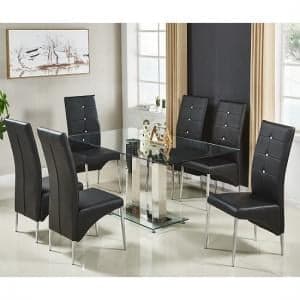 Jet Large Clear Glass Dining Table With 6 Vesta Black Chairs - UK