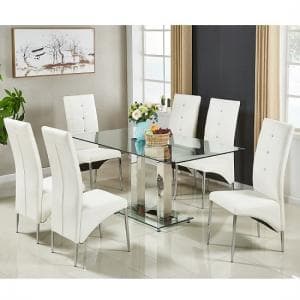 Jet Large Clear Glass Dining Table With 6 Vesta White Chairs - UK