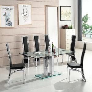 Jet Large Glass Dining Table In Clear And 6 Chicago Black Chairs - UK