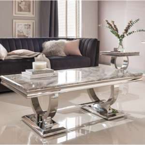 Kelsey Marble Coffee Table With Stainless Steel Base In Grey - UK