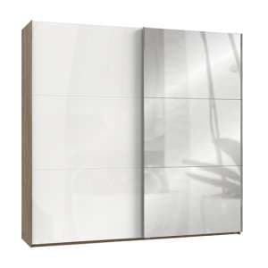 Kraza Mirrored Sliding Wide Wardrobe In Gloss White Planked Oak - UK