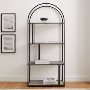 Langley Metal Arched Bookcase With 4 Grey Wash Wooden Shelves - UK