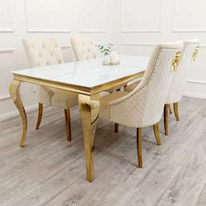 Laval White Glass Dining Table With 8 Benton Cream Chairs - UK