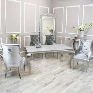 Laval White Glass Dining Table With 8 Dessel Pewter Chairs - UK