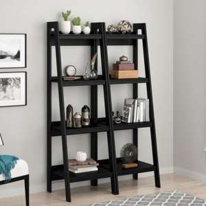Langore Wooden Black Ladder Bookcase With 4 Shelves In Pair - UK