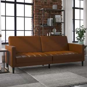 Leeds Faux Leather Futon Sofa Bed In Camel With Solid Wood Legs - UK