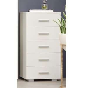 Louth Narrow High Gloss Chest Of 5 Drawers In White - UK