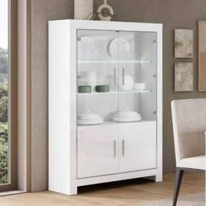 Lorenz Wide Glass Display Cabinet In White High Gloss With LED - UK