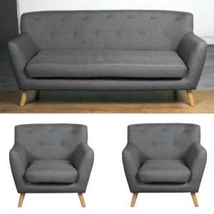 Lyrae Fabric 3 Seater Sofa And 2 Armchairs Suite In Dark Grey - UK