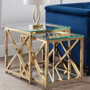 Maemi Clear Glass Nest Of 2 Tables With Gold Frame - UK