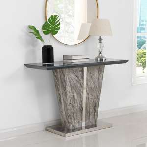 Melange Marble Effect Glass Top High Gloss Console Table In Grey - UK