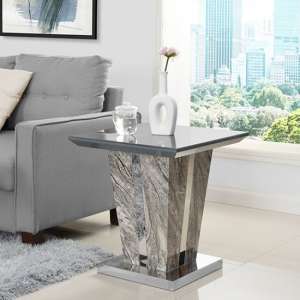 Melange Marble Effect Glass Top High Gloss Lamp Table In Grey - UK