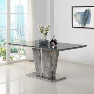 Melange Marble Effect Large Glass Top Gloss Dining Table In Grey - UK