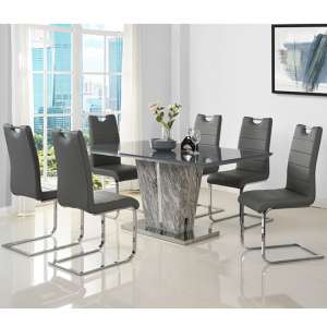 Melange Marble Effect Dining Table With 6 Petra Grey Chairs - UK