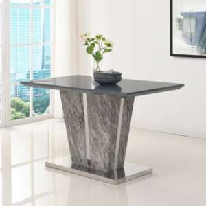 Melange Marble Effect Small Glass Top Gloss Dining Table In Grey - UK