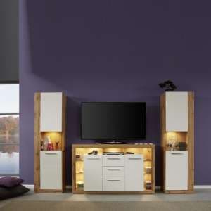Monza Living Room Set In Wotan Oak Gloss White Fronts And LED - UK