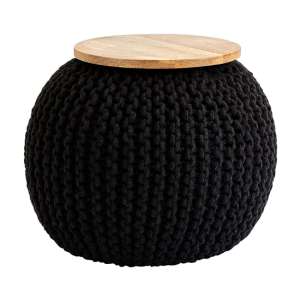 Morgan Round Woven Pouffe With Wooden Plate In Black - UK