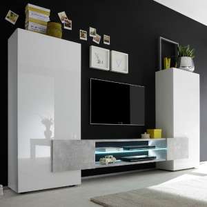 Nevaeh Wooden Entertainment unit In White Gloss And Cement Effect - UK