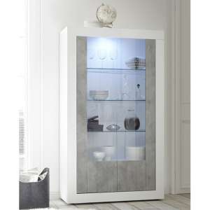 Nitro 2 Doors LED Display Cabinet In White Gloss And Cement - UK