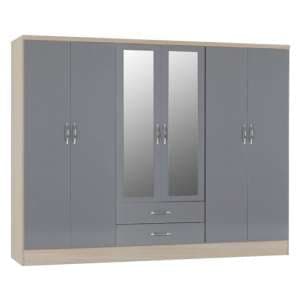 Noir Gloss 6 Door 2 Drawer Wardrobe In Grey And Light Oak - UK