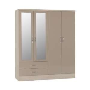 Noir 4 Door 2 Drawer Mirrored Wardrobe In Oyster Gloss And Oak - UK