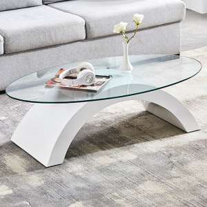 Opel Oval Clear Glass Coffee Table With White High Gloss Base - UK