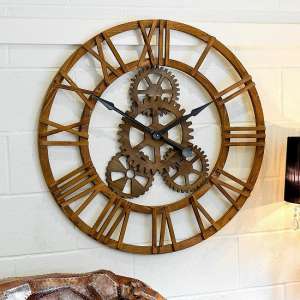 Optika Wooden Cog Clock With Roman Numerals And Detailed Gears - UK