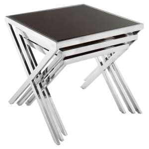Orion Black Glass Top Nest Of 3 Tables With Cross Chrome Frame - UK