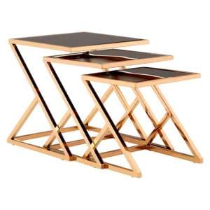 Orion Black Glass Top Nest Of 3 Tables With Rose Gold Frame - UK