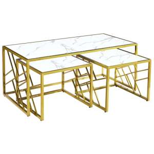 Oslo Gloss Coffee Table And Side Tables In White With Gold Frame - UK
