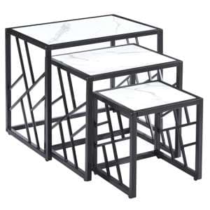 Oslo Gloss Nest Of 3 Tables In White Marble Effect Black Frame - UK