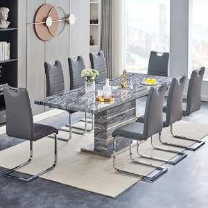 Parini Extendable Melange High Gloss Dining Table 8 Grey Chairs - UK