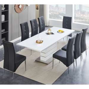 Parini Extending White Gloss Dining Table 8 Vesta Black Chairs - UK