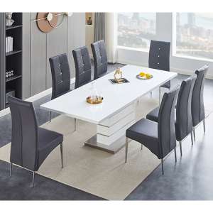 Parini Extending White Gloss Dining Table 8 Vesta Grey Chairs - UK