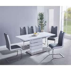Parini Extending White Dining Table 6 Petra Grey White Chairs - UK