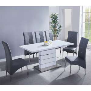Parini Extending White Gloss Dining Table 6 Vesta Grey Chairs - UK