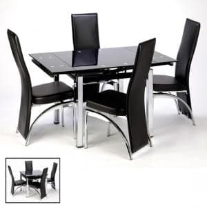 Paris Extendable Glass Dining Table In Black And 4 Romeo Chairs - UK