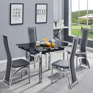 Paris Extending Black Glass Dining Table 4 Chicago Grey Chairs - UK