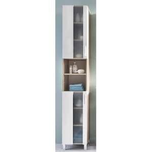 Perco Tall Bathroom Storage Cabinet In White And Sagerau Oak - UK