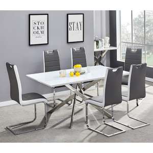 Petra Large White Glass Dining Table 6 Petra Grey White Chairs - UK