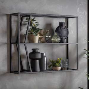 Pomona Glass Top Wall Shelving Unit In Black With Metal Frame - UK