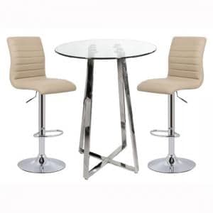Poseur Bar Table In Clear Glass With 2 Ripple Stone Bar Stools - UK