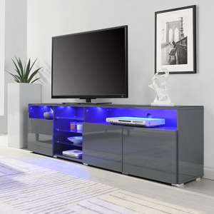 Prieto High Gloss TV Stand Sideboard In Grey With LED Lights - UK