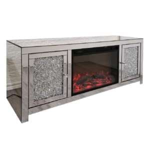 Reyn Crushed Glass TV Stand With Fire And 2 Doors In Mirrored - UK