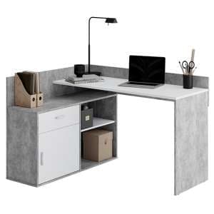 Rhyl Corner Wooden Computer Desk In Concrete Effect And White - UK