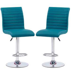 Ripple Teal Faux Leather Bar Stools With Chrome Base In Pair - UK